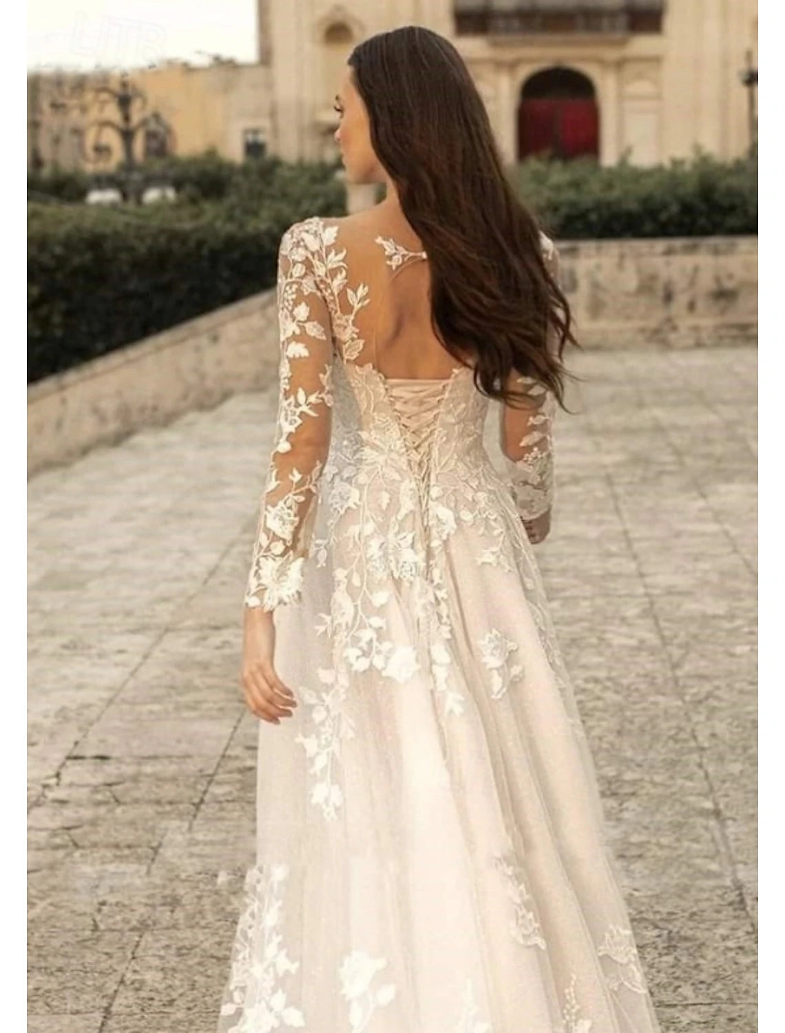 Buyishang Wedding Dresses A-Line V Neck Long Sleeve Court Train Tulle Bridal Gowns With Pleats Appliques